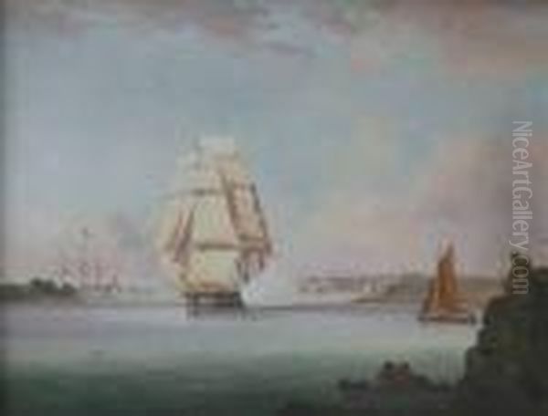 Attributed To Thomas Lyde Hornbrook 'views Of Plymouth' - Shipping Off The Coast M Oil Painting by Thomas L. Hornbrook