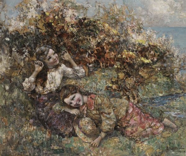 Girls Picking Wild Flowers Oil Painting by Edward Atkinson Hornel