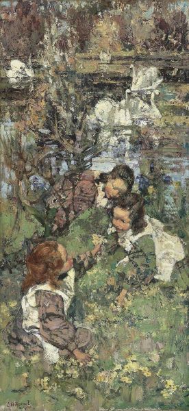 Girls And Swans Oil Painting by Edward Atkinson Hornel