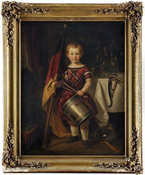 Portrait D'enfant Devant Un Sapin De Noel Tenant Le Drapeauimperial Allemand Oil Painting by Adolf Friedrich Hornemann