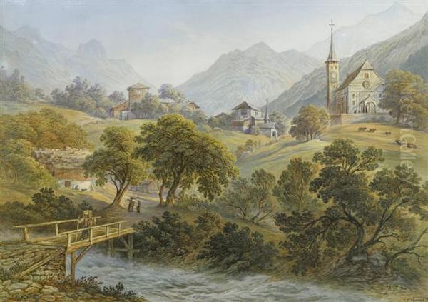 Alpine Landscape With High Mountainvillage. 
Watercolour Oil Painting by Friedrich Horner