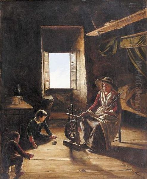 Interieur Mit Alter Spinnerin Und Spielenden Kindern. Oil Painting by Joseph Hornung