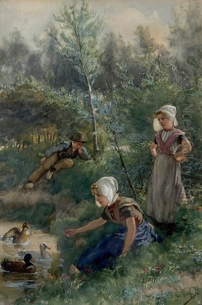 Children Playing On The Banks Of A Duck Pond Oil Painting by Hendrik Horrix