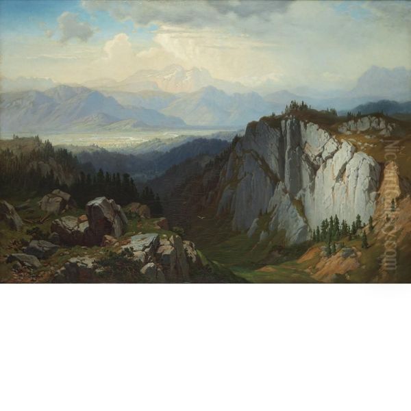 Expansive Alpine Landscape Oil Painting by Gustav August Horst