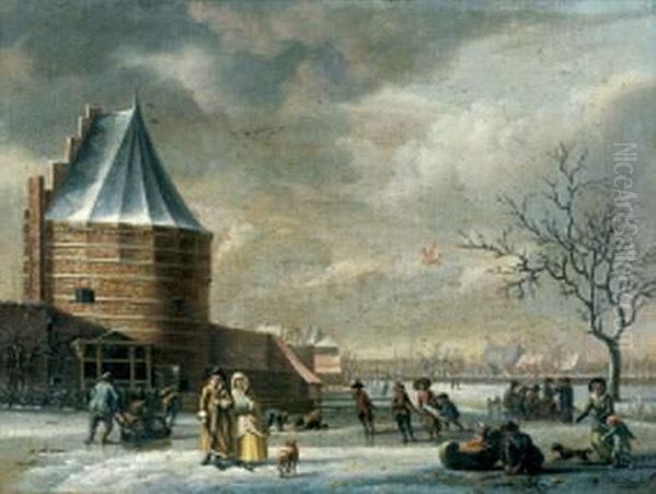 Paysage D'hiver, Scene De Patinage Oil Painting by Warnaar Horstink