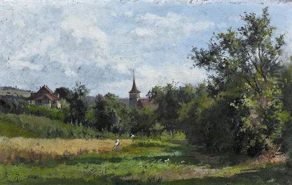 Sommerliche Landschaft Mit Haus Und Kirchturm. Oil Painting by Richard Hortense