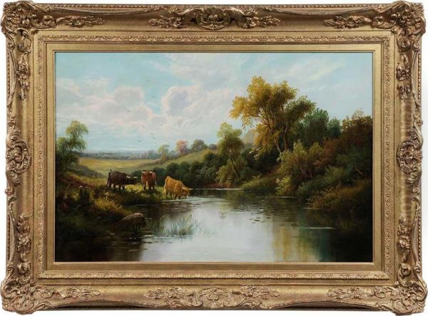 Highland Cattle At A River Oil Painting by Etty Horton