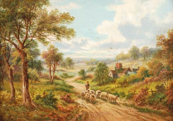 Sheep And Shepherd On A Country Lane Oil Painting by Etty Horton