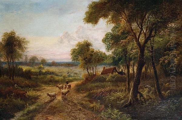 A Shepherd And His Flock On A Countrylane Oil Painting by Etty Horton