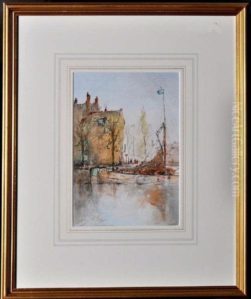 Sailing Barge On A Dutch Canal Oil Painting by George Edward Horton