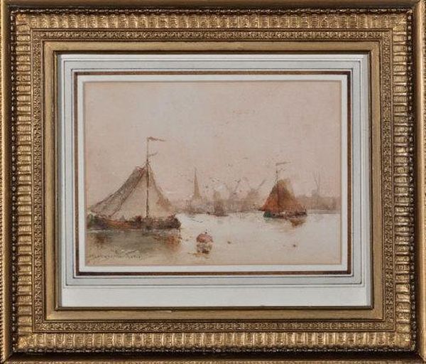 Sailing Barges In A Dutch Harbour Oil Painting by George Edward Horton