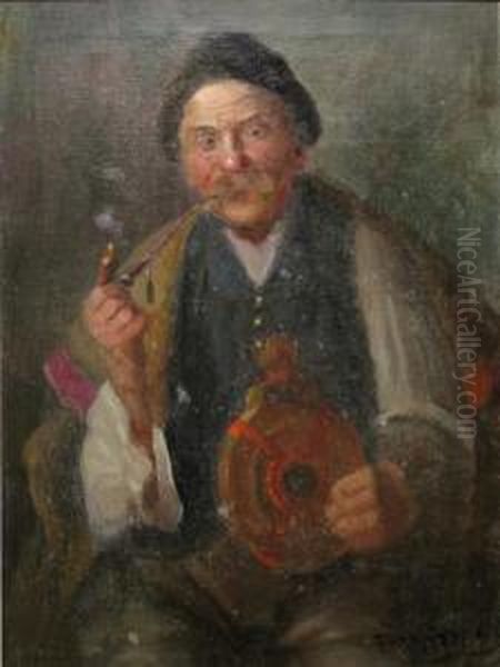 Batrn Cu Pipa Oil Painting by Andor G. Horvath