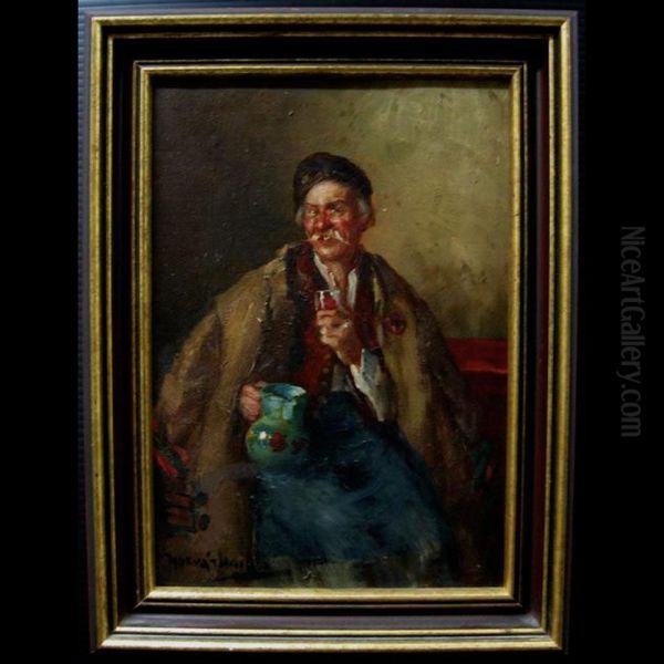 Old Hungarian Enjoying A Drink Oil Painting by Andor G. Horvath