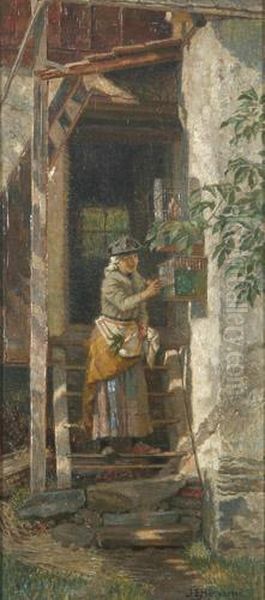 Hauseingang Mit Auf Treppe Stehender Oil Painting by Joseph Eugen Horwarter