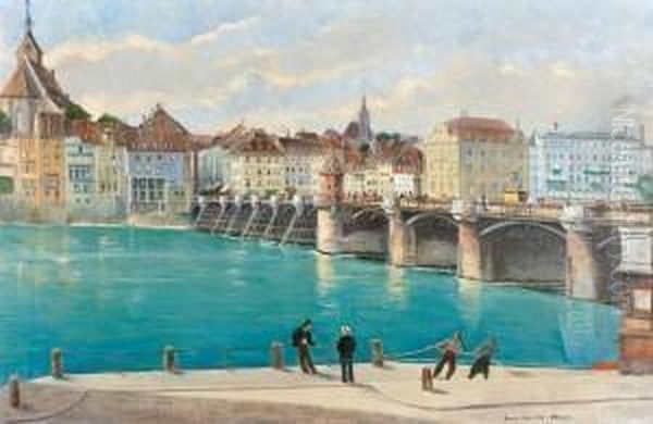 Die Alte Mittlere Rheinbrucke In Basel Mitpersonenstaffage Oil Painting by Eduard Hosch