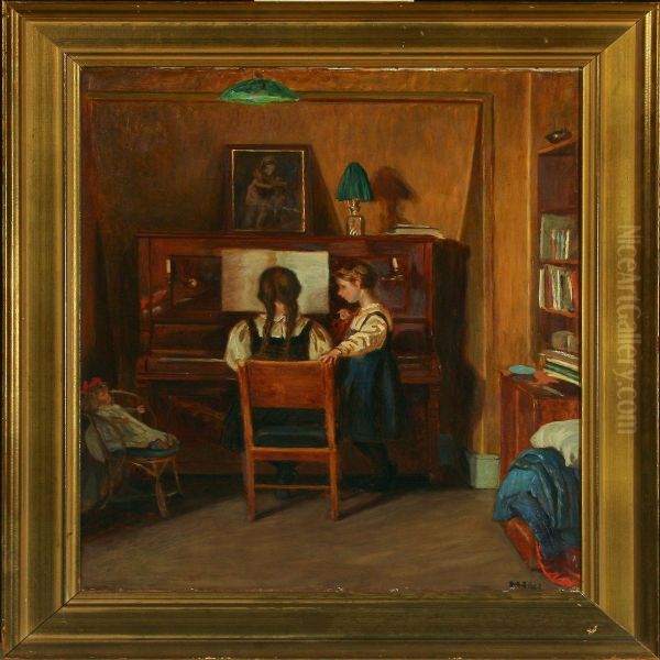 Interior With Girls And Dolls At The Piano Oil Painting by Marianne Host