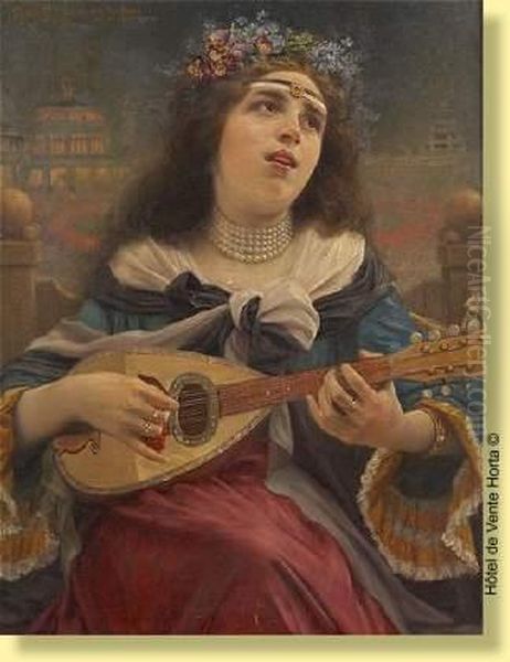 Jeune Fille A La Mandoline Oil Painting by Constant Pr. Hoste