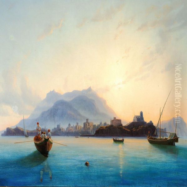 View Of Italy With Fishermen In Their Boats Off Thecoast Oil Painting by Edmond Hottenroth