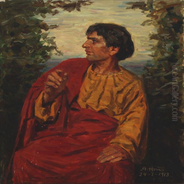 Exterior With Man Dressed In Red Cloth Oil Painting by Axel Hou