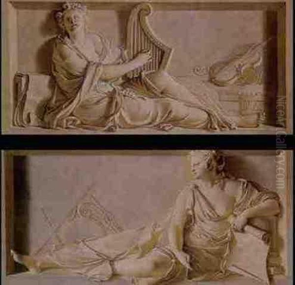 Allegories Of Music And Architecture: A Pair Of Trompe L'oeil Paintings Oil Painting by Michel-Ange Houasse