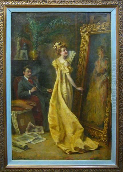 Couple Elegant Admirant Un Portrait De Femme Oil Painting by Leon Houbaer