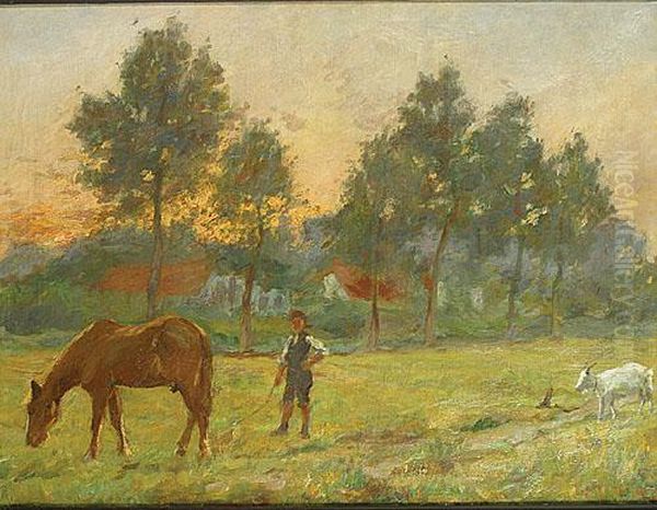 Personnage Et Animaux Dans La Prairie Oil Painting by Leon Houbaer