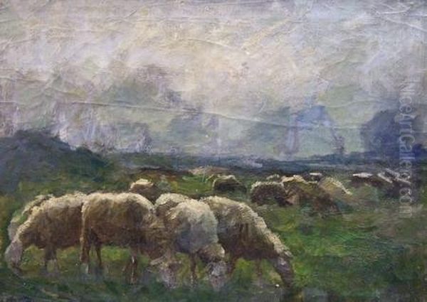 Moutons Dans Les Pres Oil Painting by Leon Houbaer