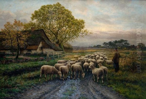 Schapenkudde Voor De Hoeve Oil Painting by Henri Houben