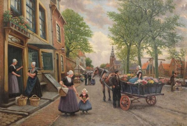 Zeeland Village With Flower Saleswomen And Figures Oil Painting by Henri Houben