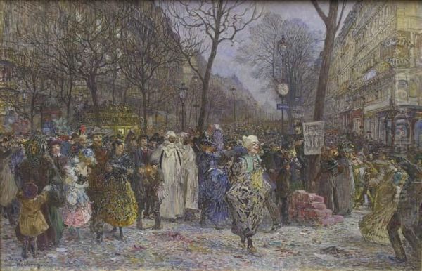 Carnaval Sur Les Grands Boulevards Oil Painting by Frederic Anatole Houbron