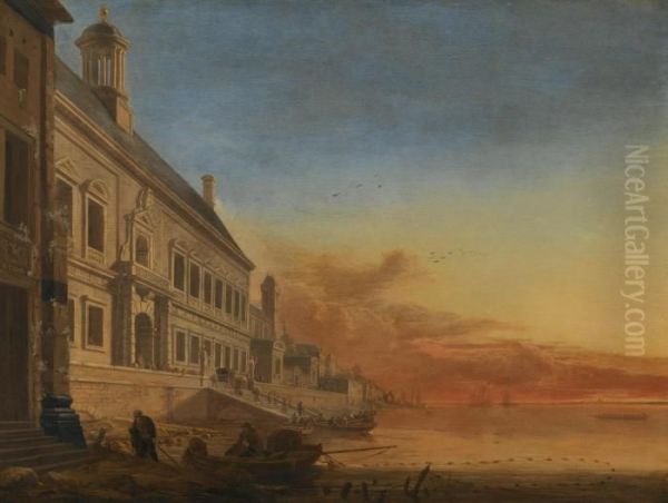 A Coastal Architectural Capriccio At Sunset Oil Painting by Gerrit Houckgeest