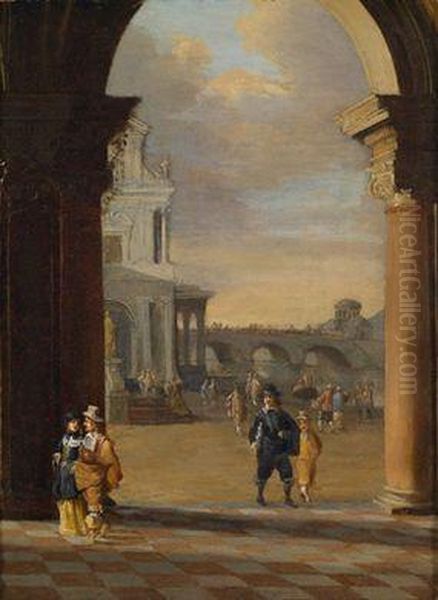 Blick Auf Einen Palast Und Eine Steinerne Bogenbrucke Mit Reicher Figurenstaffage Oil Painting by Gerrit Houckgeest