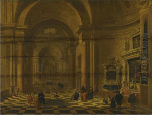 A Church Interior With Figures Praying By A Chapel In Theforeground Oil Painting by Gerrit Houckgeest