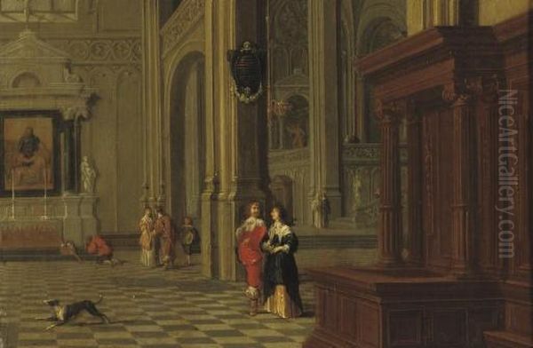 The Interior Of A Church With Elegant Figures Oil Painting by Gerrit Houckgeest