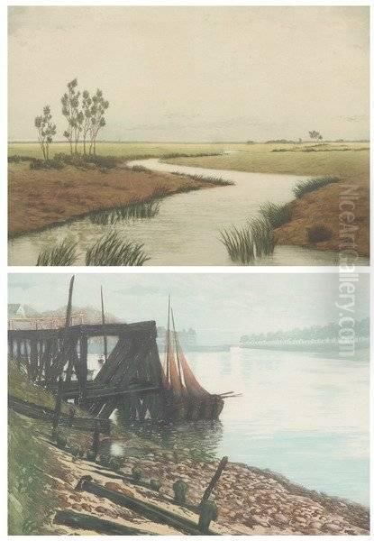 Fishing Boats By A Pier And Marshland With Stream; Two Works Oil Painting by Charles-Louis Houdard