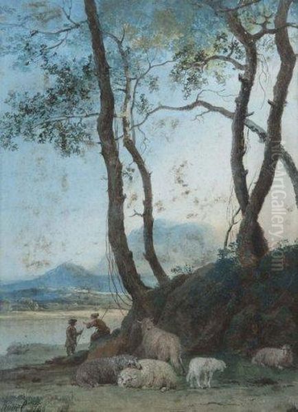 Bergers Et Troupeau Dans Un Paysage Oil Painting by Jean-Pierr Houel