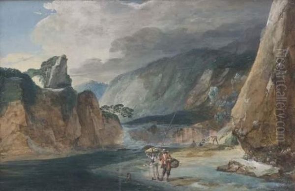 Paysage A La Cascade Et Aux Pecheurs Oil Painting by Jean-Pierr Houel