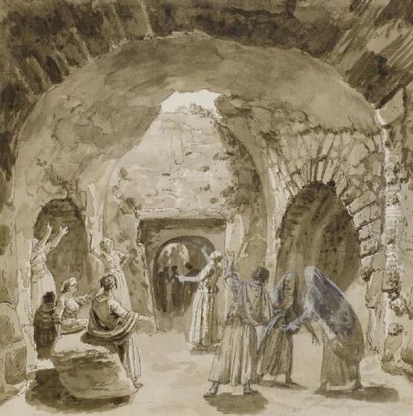 Femmes Dans Une Grotte Ouverte Vers Le Ciel Oil Painting by Jean-Pierr Houel