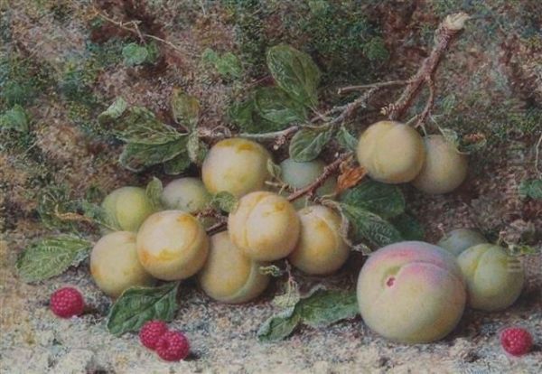 Still Life With Peaches And Raspberries On A Bank Oil Painting by William Hough