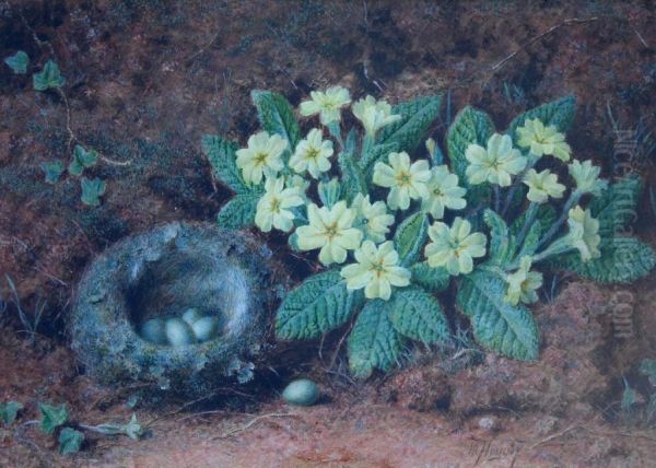 Still Life Of A Bird's Nest And Primroses Against A Mossybank Oil Painting by William B. Hough