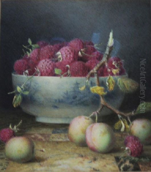 Raspberries And Plums Oil Painting by William B. Hough