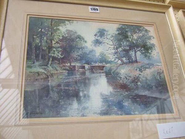 Fishing On The River Arun At Okehurst; Old Weir Oil Painting by William Robert Houghton