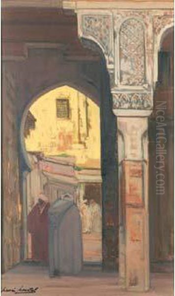 Personnages Dans Une Ruelle A Marrakech Oil Painting by Henri Hourtal