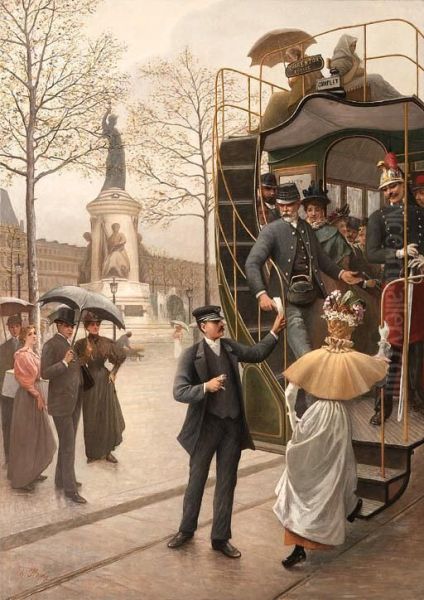 Catching The Trolley Oil Painting by Charles Borromee A. Houry