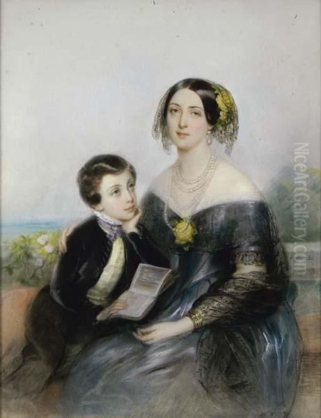 Portrait Of Aurore Demidoff-karamzine With Her Son, Seated On A Balcony Oil Painting by Laure Houssaye De Liomenil