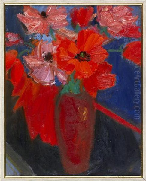 Poppies In A Red Vase Oil Painting by John Rennie MacKenzie Houston