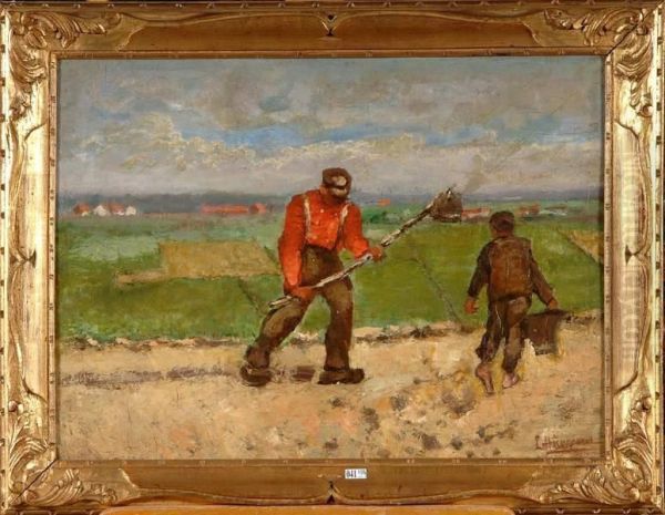 Paysan Et Son Fils Aux Champs Oil Painting by Louis Houwaert