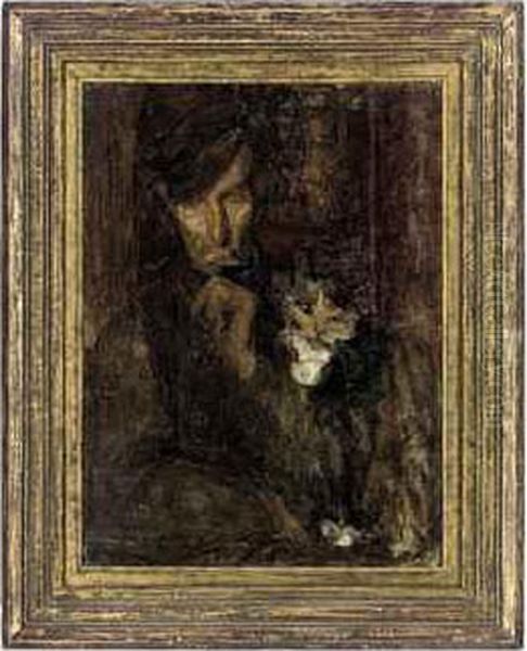 A Man With A Cat Oil Painting by Beatrice Julia How