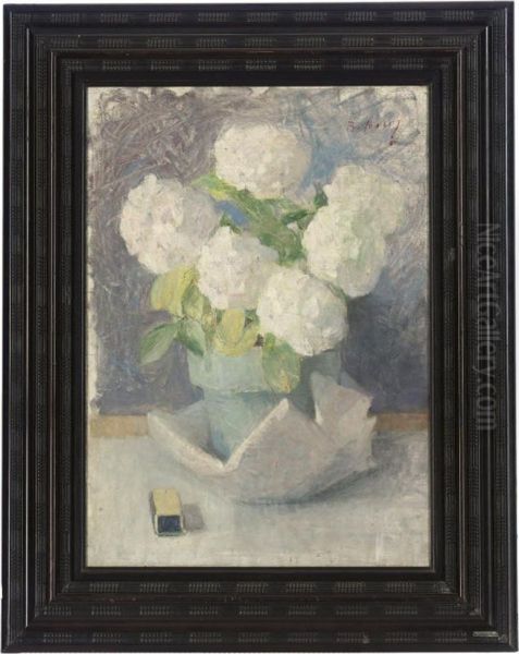 White Hydrangeas In A Pot Oil Painting by Beatrice Julia How