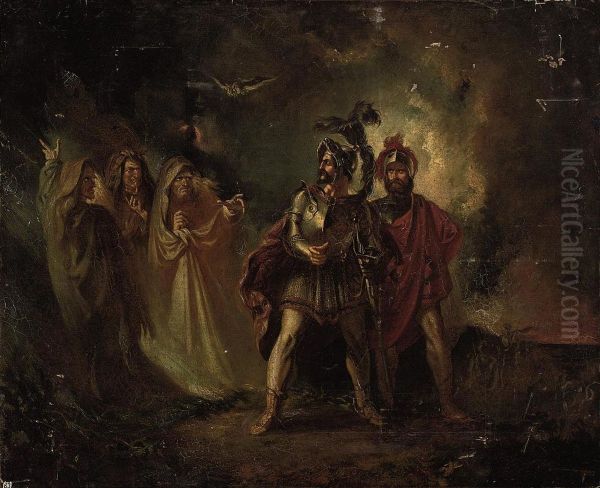 Macbeth And Banquo With The Three Witches Oil Painting by Howard, H.